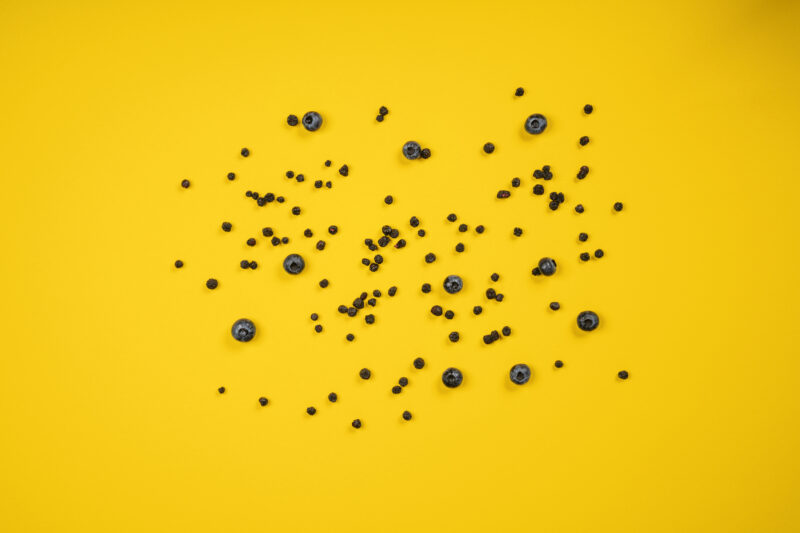 Gefriergetrocknete Blaubeeren auf gelbem Hintergrund