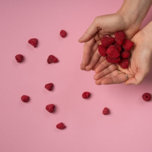 Gefriergetrocknete Himbeeren in einer Hand vor rosa Hintergrund