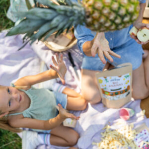 Gefriergetrocknete Ananas auf der Picnic Decke mit einer Familie